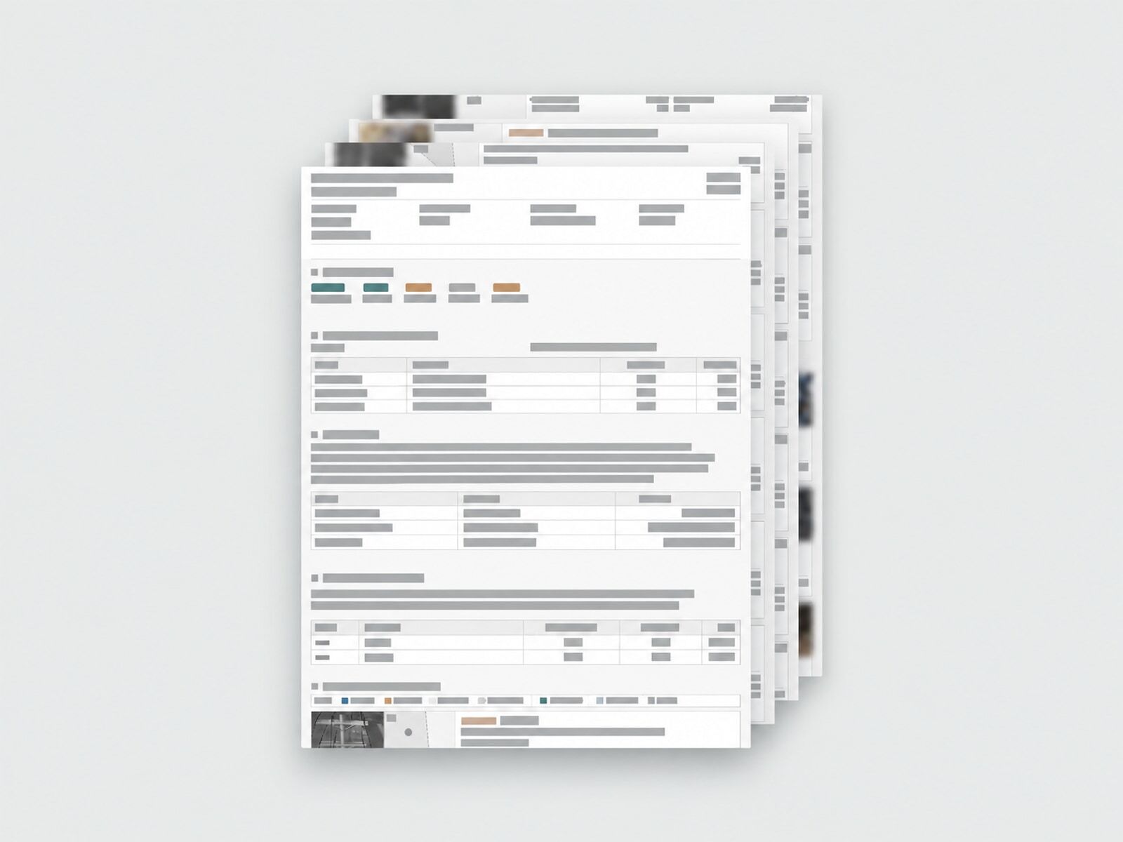 An inspection report layout with all text and numbers replaced by neutral lines, retaining the stacked pages, tables, and photo areas.