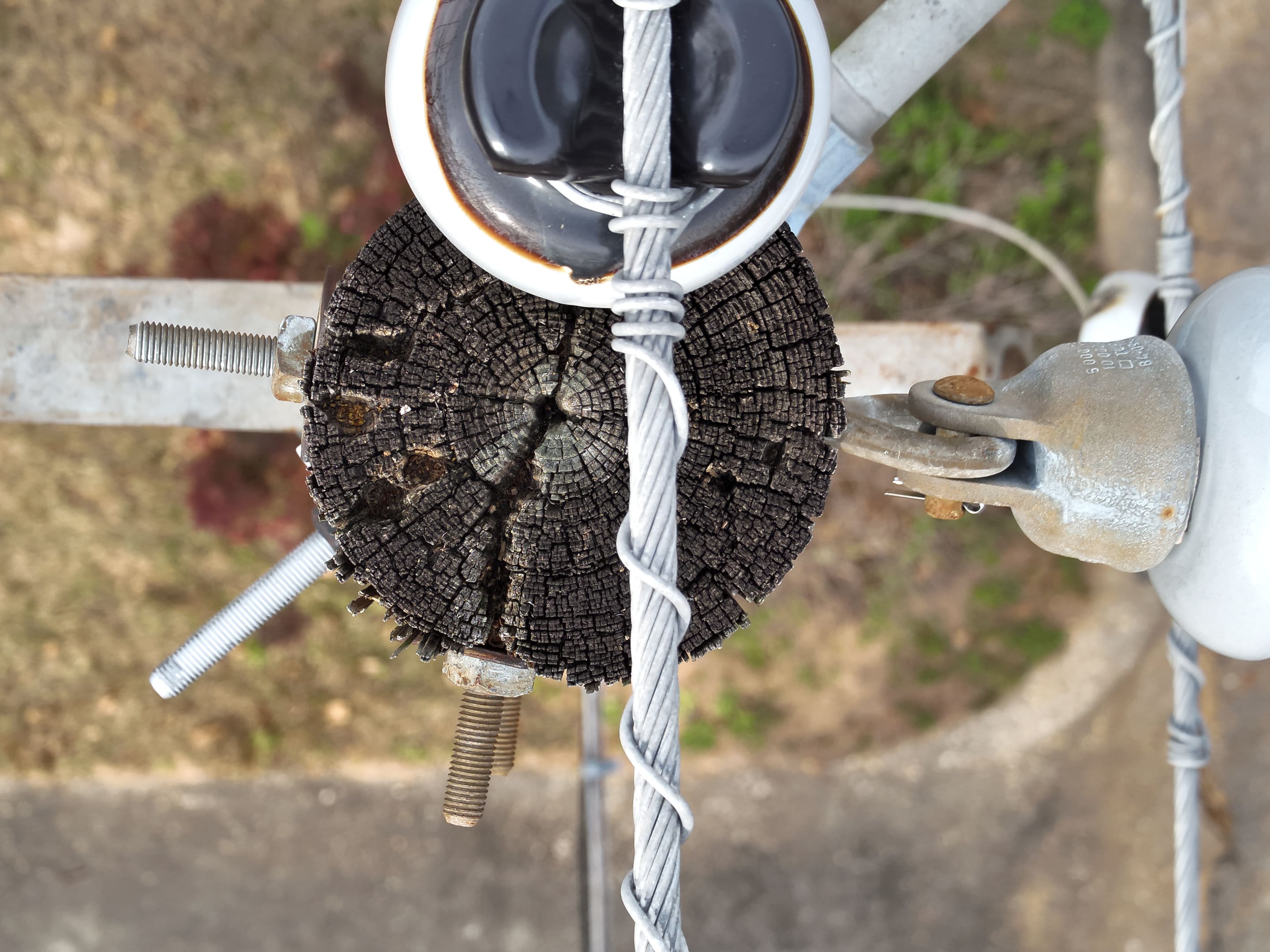 Close drone view of a pole top: weathered crossarm, insulator, and tie wire.