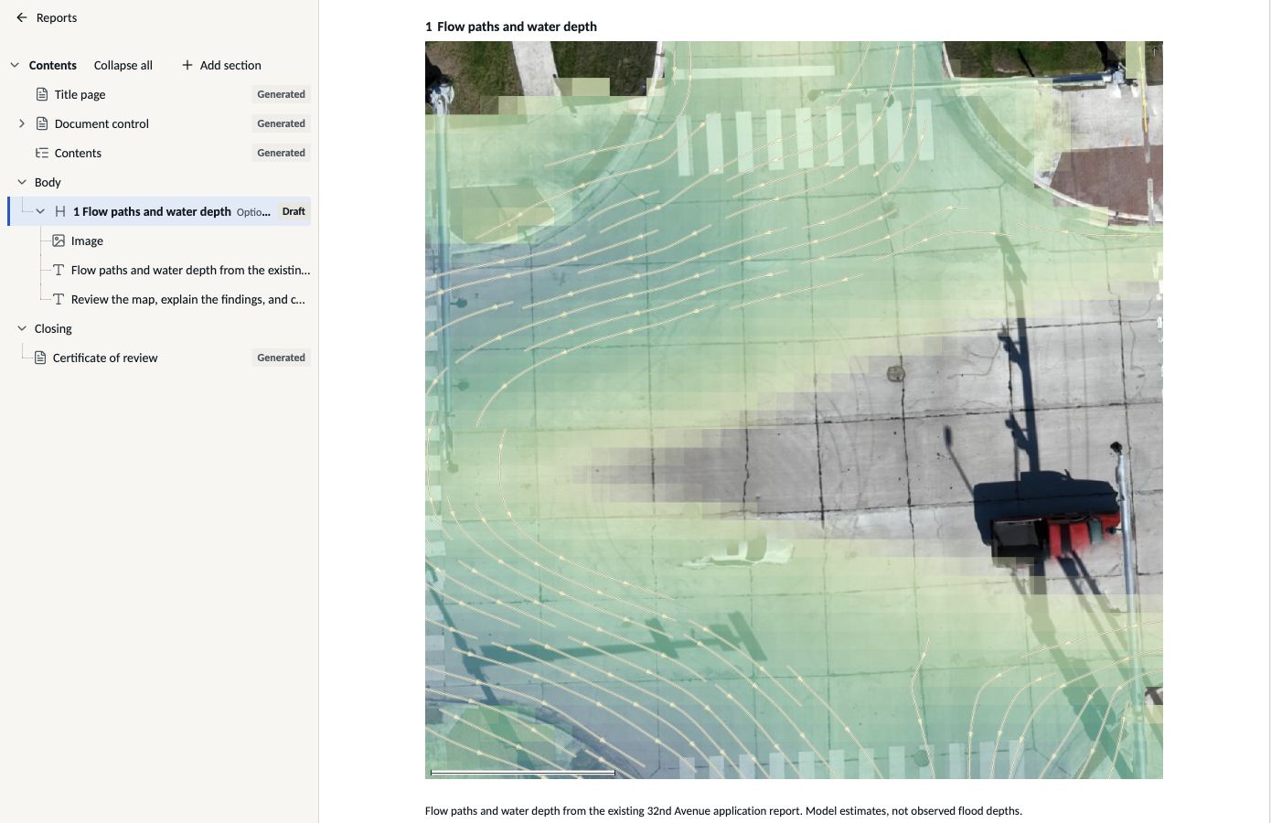 Building the 32nd Avenue report in BaseState, with its contents outline, editable map figure and source caption.