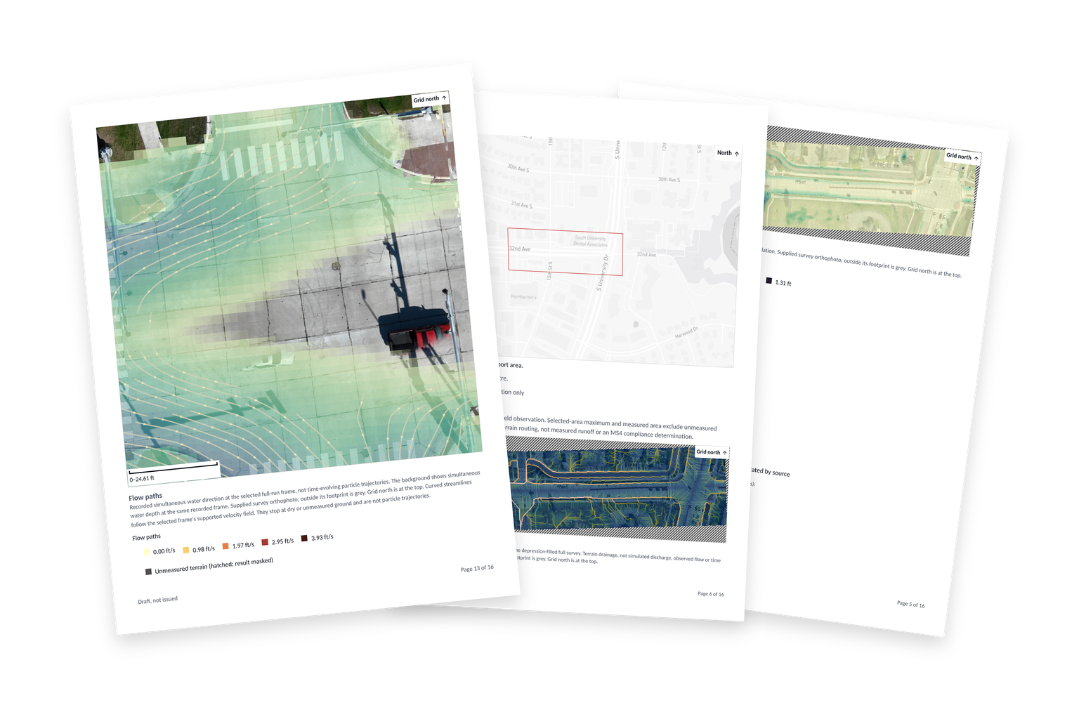 Application-exported report pages with the flow-path map in front, context and depth maps behind, on a transparent background.