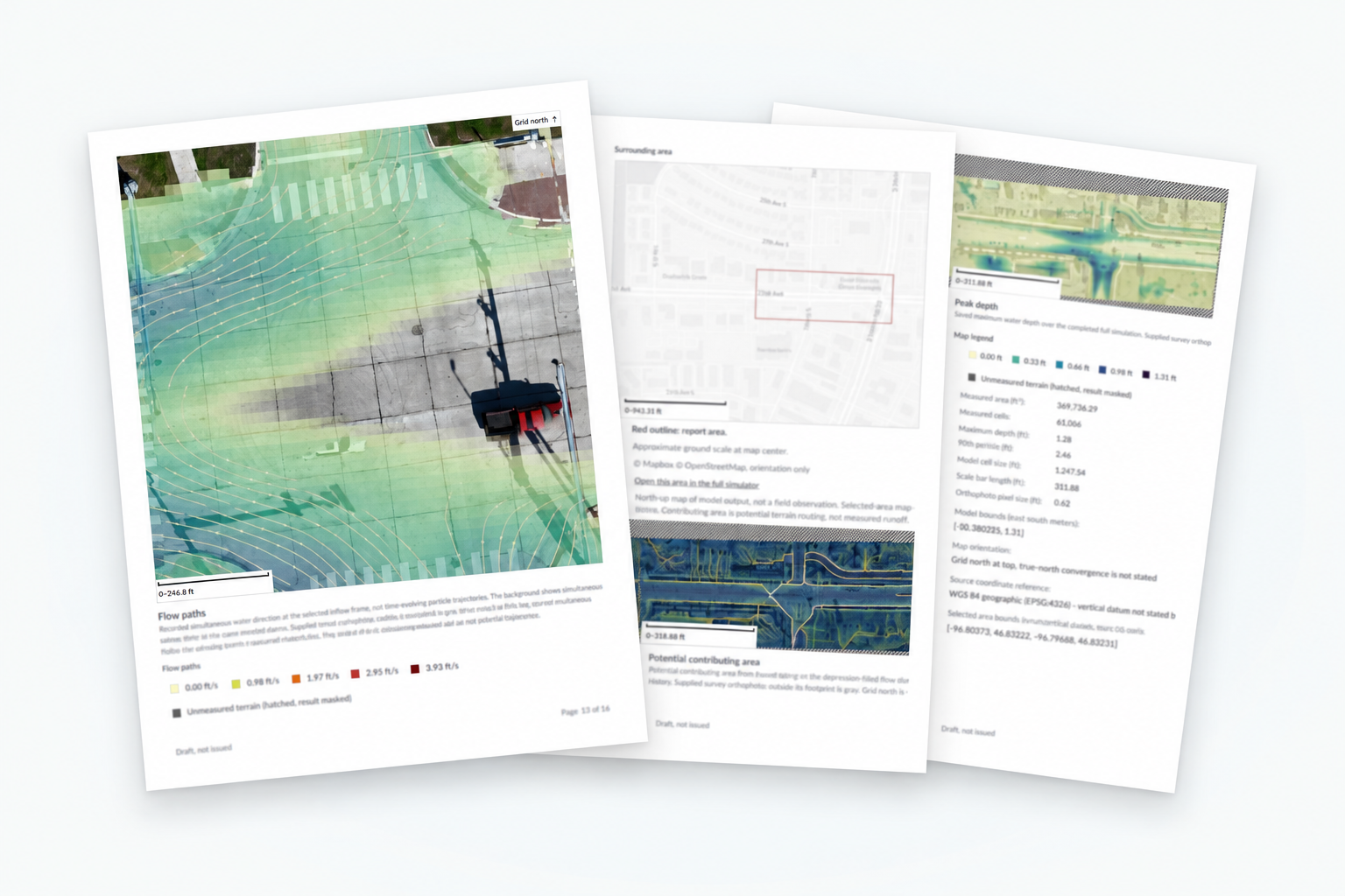 Existing BaseState stormwater report example, with site maps and simulation results.